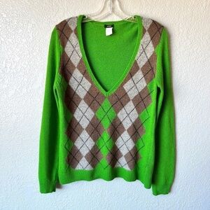 J. Crew argyle V neck wool, angora and cashmere blend sweater
